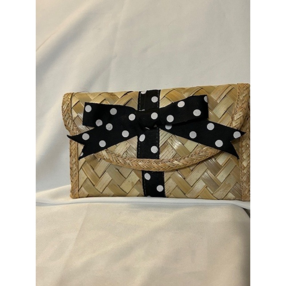 Vintage Depre Bahamas Straw Woven Clutch Black Polka Dot Bow Envelope Style - Picture 10 of 14